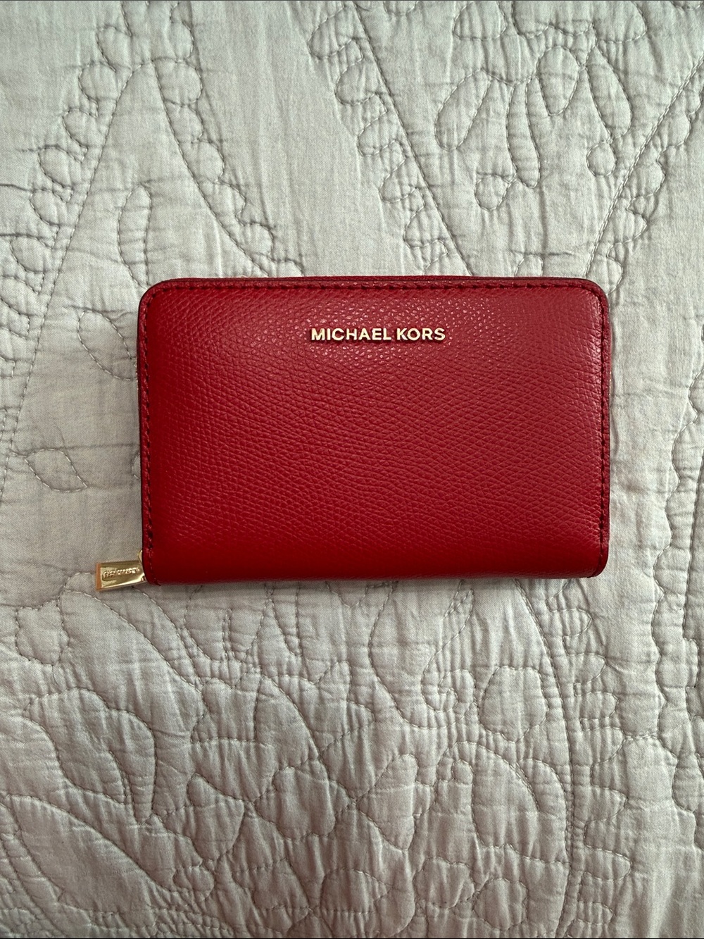 Michael Kors Red Pebbled Leather Zip Card Holder with Gold Tone Logo